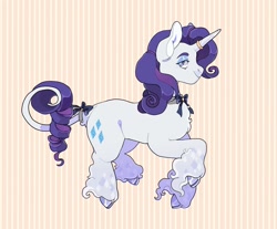 Size: 2340x1938 | Tagged: safe, artist:xeiphi, character:rarity, species:pony, species:unicorn, g4, alternate design, alternate hairstyle, bow, chest fluff, cloven hooves, hoof fluff, hooves, horn, horn jewelry, horn ring, jewelry, looking at you, profile, redesign, ring, simple background, solo, tail bow, unshorn fetlocks