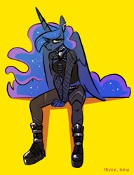 Size: 1567x2048 | Tagged: safe, artist:lrusu, character:princess luna, species:alicorn, species:anthro, species:plantigrade anthro, species:pony, g4, boots, choker, clothing, ear piercing, fishnets, goth, grumpy, jeans, jewelry, looking at you, necklace, pants, piercing, platform shoes, shoes, simple background, sitting, solo, sparkly mane, stockings, thigh highs