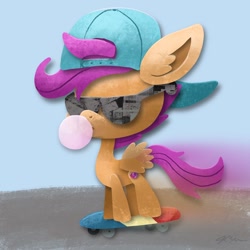 Size: 1200x1200 | Tagged: safe, artist:catscratchpaper, character:scootaloo, species:pegasus, species:pony, g4, backwards ballcap, baseball cap, bubblegum, candy, cap, clothing, female, filly, food, gum, hat, high res, signature, skateboard, solo, sunglasses, young