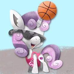 Size: 2048x2048 | Tagged: safe, artist:catscratchpaper, character:sweetie belle, species:pony, species:unicorn, g4, basketball, clothing, female, filly, high res, horn, horn impalement, jersey, signature, solo, sports, sunglasses, young