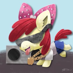 Size: 1200x1200 | Tagged: safe, artist:catscratchpaper, character:apple bloom, species:earth pony, species:pony, g4, apple family member, boombox, clothing, female, filly, high res, jewelry, necklace, pants, shirt, solo, sunglasses, tongue out, young