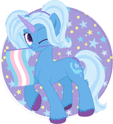 Size: 7969x8716 | Tagged: safe, artist:illumnious, character:trixie, species:pony, species:unicorn, g4, alternate hairstyle, female, holding, mare, mouth hold, one eye closed, pigtails, pride, pride flag, raised hoof, simple background, solo, trans female, trans trixie, transgender, transgender pride flag, transparent background, twintails, unshorn fetlocks, wink