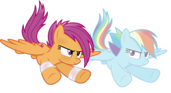 Size: 6015x3278 | Tagged: safe, artist:anime-equestria, character:rainbow dash, character:scootaloo, species:pegasus, species:pony, g4, absurd resolution, alternate hairstyle, bandage, bandaid on nose, digital art, duo, female, flying, ghost, mare, older, older scootaloo, scootaloo can fly, simple background, spread wings, transparent background, vector, wings