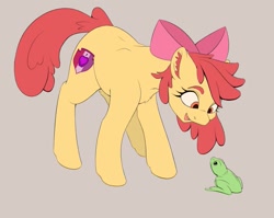 Size: 1023x815 | Tagged: safe, artist:galinn-arts, character:apple bloom, species:earth pony, species:pony, g4, apple family member, bow, chest fluff, ear fluff, frog, hair bow, looking down, simple background, smiling, solo, three quarter view, wip