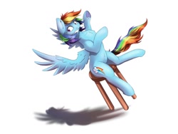 Size: 1200x900 | Tagged: safe, artist:galinn-arts, character:rainbow dash, species:pegasus, species:pony, g4, chest fluff, falling, frog (hoof), hooves, looking back, scared, shadow, simple background, solo, spread wings, stool, three quarter view, underhoof, white background, wings