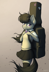 Size: 1800x2600 | Tagged: safe, artist:ohemo, character:octavia melody, species:anthro, species:earth pony, species:pony, g4, cello case, clothing, female, high res, looking at you, mare, purple eyes, simple background, skirt, smiling, solo, uniform