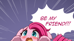Size: 3200x1800 | Tagged: safe, artist:symbianl, part of a set, character:pinkamena diane pie, character:pinkie pie, species:earth pony, species:pony, g4, adorable distress, angry dog noises, blushing, cheek fluff, crying, cute, dialogue, ear fluff, female, floppy ears, fluffy, leg fluff, open mouth, sad, sadorable, simple background, solo, speech bubble, straight hair, teary eyes, text