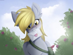 Size: 1024x768 | Tagged: safe, artist:chickenbrony, character:derpy hooves, species:pegasus, species:pony, g4, blushing, heart, holding, letter, looking at you, mailbag, mouth hold, smiling, solo