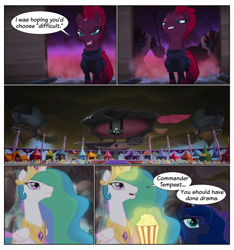Size: 750x800 | Tagged: safe, edit, edited screencap, editor:roseluck, screencap, character:princess celestia, character:princess luna, character:tempest shadow, species:alicorn, species:pony, species:unicorn, g4, my little pony: the movie (2017), airship, armor, broken horn, canterlot, comic, crown, dialogue, female, food, frown, gem, glowing horn, horn, jewelry, magic, magic aura, male, mare, necklace, peytral, popcorn, regalia, sarcasm, screencap comic, smoke, smug, speech bubble, storm guard, storm king's ship, telekinesis, text, unimpressed, wings, worried