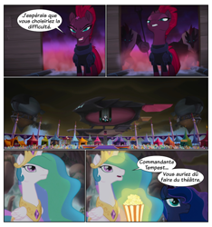 Size: 750x800 | Tagged: safe, edit, edited screencap, editor:roseluck, screencap, character:princess celestia, character:princess luna, character:tempest shadow, species:alicorn, species:pony, species:unicorn, g4, my little pony: the movie (2017), airship, armor, broken horn, canterlot, comic, crown, dialogue, female, food, french, frown, gem, glowing horn, horn, jewelry, magic, magic aura, male, mare, necklace, peytral, popcorn, regalia, sarcasm, screencap comic, smoke, smug, speech bubble, storm guard, storm king's ship, telekinesis, text, unimpressed, wings, worried