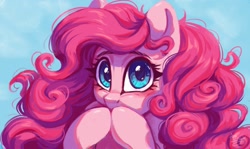 Size: 1200x715 | Tagged: safe, artist:amishy, character:pinkie pie, species:earth pony, species:pony, g4, big eyes, blue background, blushing, female, hoof over mouth, looking at you, mare, poofy mane, simple background, solo