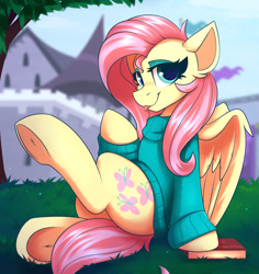 Size: 1650x1750 | Tagged: safe, artist:shadowreindeer, character:fluttershy, species:pegasus, species:pony, g4, blep, book, cheek fluff, clothing, cute, ear fluff, eyeshadow, female, looking at you, makeup, mare, raised hoof, raised leg, shyabetes, sitting, solo, sweater, sweatershy, tongue out, tree, underhoof, younger