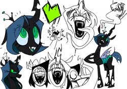 Size: 1199x840 | Tagged: safe, artist:charchaposting, character:queen chrysalis, oc, species:changeling, g4, alternate hairstyle, changeling queen, fangs, female, heart, kissing, long tongue, sharp teeth