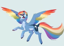 Size: 1199x851 | Tagged: safe, artist:nyota71, character:rainbow dash, species:pegasus, species:pony, g4, alternate design, bandage, bandaid, colored wings, goggles, multicolored wings, rainbow wings, redesign, wings