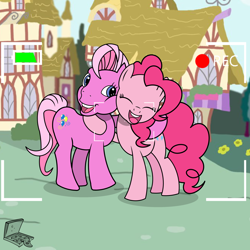 Size: 3200x3200 | Tagged: safe, artist:pizzamovies, character:pinkie pie, character:pinkie pie (g3), species:earth pony, species:pony, g3, g4, 35th anniversary, cute, diapinkes, duo, eyes closed, g3 diapinkes, generational ponidox, hug, open mouth, ponidox, recording