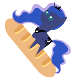 Size: 512x512 | Tagged: safe, character:princess luna, species:alicorn, species:pony, g4, baguette, bread, emoji, food, french bread, pointy ponies, riding, simple background, smiling, transparent background