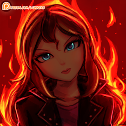 Size: 1000x1000 | Tagged: safe, artist:lumineko, character:sunset shimmer, species:human, g4, my little pony:equestria girls, alternate eye color, angry, badass, beautiful, blue eyes, clothing, cute, female, fiery shimmer, fire, flaming hair, frown, glare, head tilt, humanized, jacket, leather jacket, lipstick, looking at you, madorable, makeup, patreon, patreon logo, solo, species swap, wrong eye color