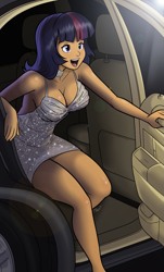 Size: 919x1519 | Tagged: safe, artist:megasweet, character:twilight sparkle, species:human, g4, breasts, busty twilight sparkle, car, choker, cleavage, clothing, dress, female, humanized, jewelry, necklace, open mouth, smiling, solo, species swap
