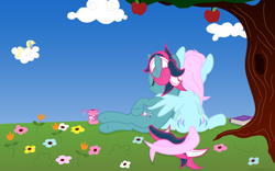 Size: 1920x1200 | Tagged: safe, artist:issmafia, character:fizzy, character:wind whistler, species:pegasus, species:pony, species:unicorn, ship:whistlepop, g1, g4, both cutie marks, bubble, cutie mark, female, g1 to g4, generation leap, hug, lesbian, mare, shipping, winghug, wings
