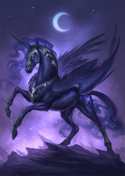 Size: 800x1132 | Tagged: safe, artist:sandara, character:nightmare moon, character:princess luna, species:alicorn, species:pony, g4, black sclera, crescent moon, female, glowing eyes, hoers, horse, looking at you, mare, moon, night, realistic, realistic anatomy, realistic horse legs, rearing, solo, spread wings, wings