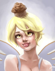 Size: 638x825 | Tagged: safe, artist:majoh, character:derpy hooves, species:human, g4, clothing, fake wings, female, food, humanized, muffin, solo, species swap, tongue out