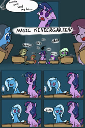 Size: 1024x1536 | Tagged: safe, artist:valcron, character:trixie, character:twilight sparkle, character:twilight sparkle (unicorn), species:pony, species:unicorn, episode:lesson zero, g4, my little pony: friendship is magic, classroom, comic, desk, dialogue, eye contact, eyes closed, female, filly, floppy ears, glare, indoors, laughing, looking at each other, magic kindergarten, one word, open mouth, scene parody, school, sitting, speech bubble, surprised, teary eyes, text, young