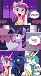 Size: 1024x1862 | Tagged: safe, artist:zoruanna, character:princess cadance, character:princess celestia, character:princess luna, character:twilight sparkle, character:twilight sparkle (alicorn), species:alicorn, species:pony, g4, alicorn tetrarchy, comic, dialogue, female, gritted teeth, mare, mean girls, oh my god, open mouth, speech bubble, text