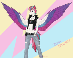 Size: 1500x1200 | Tagged: safe, artist:dementra369, character:zipp storm, species:anthro, species:pegasus, g5, abstract background, belly button, belt, bondage, bracelet, chains, choker, clothing, colored wings, ear piercing, earring, female, gloves, jacket, jeans, jewelry, leather jacket, midriff, necklace, pants, piercing, punk, solo, spread wings, text, torn clothes, wings, wristband