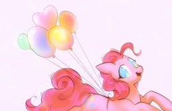 Size: 1200x779 | Tagged: safe, artist:mirroredsea, character:pinkie pie, species:earth pony, species:pony, g4, balloon, floating, solo