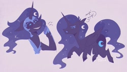 Size: 1200x684 | Tagged: safe, artist:drmedrick, character:nightmare moon, character:princess luna, species:alicorn, species:pony, g4, dialogue, fangs, female, floppy ears, mare, moon, neigh, profile, sharp teeth, signature, simple background, speech bubble, text