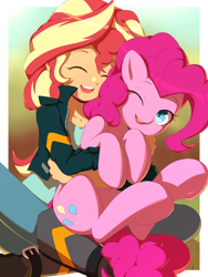 Size: 1200x1600 | Tagged: safe, artist:rockset, character:pinkie pie, character:sunset shimmer, species:earth pony, species:eqg human, species:pony, g4, my little pony:equestria girls, hug