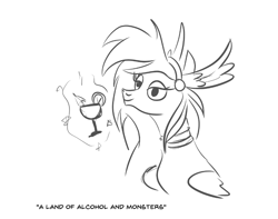 Size: 850x670 | Tagged: safe, artist:velgarn, oc, oc:athena (shawn keller), species:pegasus, species:pony, g4, alcohol, athena, barely pony related, drink, female, guardian of the three kingdoms, guardians of pondonia, magic, magic aura, mare, margarita, monochrome, simple background, sketch, solo, white background