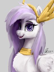 Size: 1536x2048 | Tagged: safe, artist:raphaeldavid, oc, oc only, oc:athena (shawn keller), species:pegasus, species:pony, g4, armor, bust, chest fluff, ear fluff, female, gray background, guardians of pondonia, looking at you, signature, simple background, smiling, solo