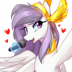 Size: 1024x1024 | Tagged: safe, artist:maren, oc, oc:athena (shawn keller), species:pegasus, species:pony, g4, female, floating heart, glow, glowing horn, guardians of pondonia, heart, levitation, magic, mare, microphone, open mouth, solo, telekinesis