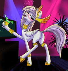 Size: 2454x2544 | Tagged: safe, artist:pwnyville, oc, oc:athena (shawn keller), species:pegasus, species:pony, g4, alcohol, alcoholism, armor, blushing, butt, clothing, computer screen, drink, drunk, flank, gold jewelry, guardian of the three kingdoms, guardians of pondonia, hoof shoes, margarita, mood lighting, plant, plot, potted plant, shoes