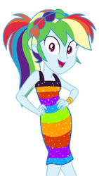 Size: 720x1280 | Tagged: safe, artist:roseluck, character:rainbow dash, species:eqg human, episode:i'm on a yacht, equestria girls:spring breakdown, g4, my little pony: equestria girls, my little pony:equestria girls, alternate hairstyle, bare shoulders, bracelet, braid, clothing, cruise outfit, dress, equestria girls style, female, hands on hip, happy, jewelry, looking at you, open mouth, ponytail, sequins, show accurate, simple background, sleeveless, sleeveless dress, smiling, smiling at you, solo, style emulation, transparent background, walking