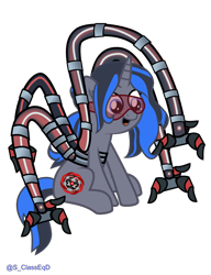 Size: 917x1193 | Tagged: safe, artist:s-class-destroyer, oc, oc only, species:pony, species:unicorn, g4, digital art, ear fluff, female, goggles, mechanical hands, open mouth, red lights, simple background, sitting, smiling, solo, solo female, tentacles, transparent background, vector
