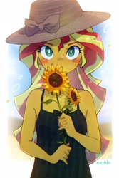 Size: 2250x3371 | Tagged: safe, artist:nendo, character:sunset shimmer, species:eqg human, g4, my little pony:equestria girls, blush sticker, blushing, bow, clothing, commission, covering mouth, cute, dress, eyelashes, female, flower, hat, high res, looking at you, shimmerbetes, signature, sleeveless, solo, sun hat, sunflower, weapons-grade cute