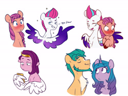 Size: 6000x4500 | Tagged: safe, artist:chub-wub, character:hitch trailblazer, character:izzy moonbow, character:pipp petals, character:sunny starscout, character:zipp storm, species:earth pony, species:pegasus, species:pony, species:unicorn, ship:moonblazer, ship:zippscout, g5, absurd resolution, beard, blaze (coat marking), blushing, braid, cellphone, chest fluff, colored wings, dialogue, eyes closed, facial hair, female, floppy ears, gradient hair, grin, lesbian, looking at you, looking away, looking back, looking back at you, looking down, male, mane g5, mare, multicolored wings, one eye closed, open mouth, phone, pipp wings, pointing, shipping, simple background, smartphone, smiling, sparkles, spread wings, stallion, teeth, unshorn fetlocks, wall of tags, white background, wing hold, wings, wink