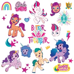 Size: 794x794 | Tagged: safe, official, character:hitch trailblazer, character:izzy moonbow, character:pipp petals, character:sunny starscout, character:zipp storm, species:earth pony, species:pegasus, species:pony, species:unicorn, g5, my little pony: the movie (2021), blaze (coat marking), bracelet, cute, cutie mark, female, flying, gradient hair, happy, head, izzybetes, jewelry, looking at you, male, mane g5, mare, needs more jpeg, pipp wings, smiling, stallion, stock vector