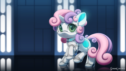 Size: 3200x1800 | Tagged: safe, artist:symbianl, character:sweetie belle, species:pony, species:unicorn, g4, crossover, looking at you, raised hoof, raised leg, robot, robot pony, smiling, solo, star wars