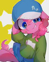 Size: 1105x1396 | Tagged: safe, artist:lexiedraw, character:pinkie pie, species:earth pony, species:pony, g4, abstract background, arm behind head, bandage, bandaid, baseball cap, cap, clothing, cute, diapinkes, ear piercing, female, floppy ears, hat, jewelry, looking at you, mare, piercing, smiling, solo, wingding eyes