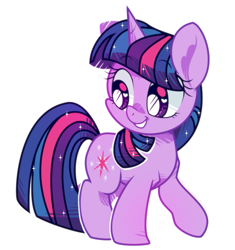 Size: 761x809 | Tagged: safe, artist:yokokinawa, character:twilight sparkle, character:twilight sparkle (unicorn), species:pony, species:unicorn, g4, chibi, cute, female, filly, grin, heart eyes, looking back, simple background, smiling, solo, sparkles, twiabetes, white background, white pupils, wingding eyes, young, younger