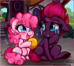 Size: 556x501 | Tagged: safe, artist:esmeia, character:pinkie pie, character:tempest shadow, species:earth pony, species:pony, species:unicorn, g4, ball, cute, filly pinkie pie, filly tempest shadow, heartwarming, toy
