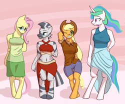 Size: 1200x1000 | Tagged: safe, alternate version, artist:pashoo, character:applejack, character:fluttershy, character:princess celestia, character:zecora, species:anthro, species:unguligrade anthro, g4, clothing, looking at you, shorts, shy, skirt, suggestive source, thigh gap, tight clothing