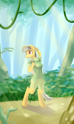 Size: 600x1000 | Tagged: safe, artist:pashoo, character:daring do, species:anthro, species:pegasus, species:unguligrade anthro, g4, backpack, clothing, colored pupils, female, forest, jungle, mare, outdoors, sunbeam