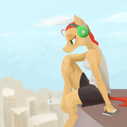 Size: 1280x1280 | Tagged: safe, artist:pashoo, oc, oc only, oc:spinner, species:anthro, species:earth pony, species:pony, species:unguligrade anthro, g4, cellphone, clothing, headphones, phone, smartphone, speedpaint