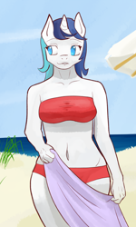Size: 750x1250 | Tagged: safe, artist:pashoo, character:shining armor, species:anthro, g4, beach, clothing, lip bite, outdoors, rule 63, swimsuit