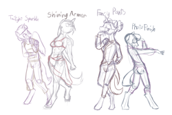 Size: 1280x853 | Tagged: safe, artist:pashoo, character:fancypants, character:photo finish, character:shining armor, character:twilight sparkle, species:anthro, species:unguligrade anthro, g4, abs, clothing, rule 63, sketch, wip