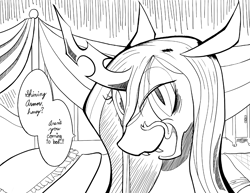 Size: 1045x808 | Tagged: safe, alternate version, artist:pashoo, character:queen chrysalis, species:changeling, g4, dialogue, fangs, implied princess cadance, licking lips, monochrome, sharp teeth, speech bubble, text